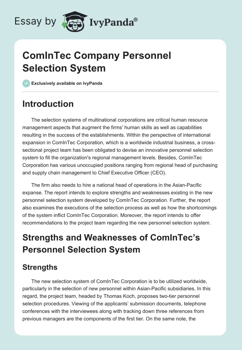 ComInTec Company Personnel Selection System. Page 1
