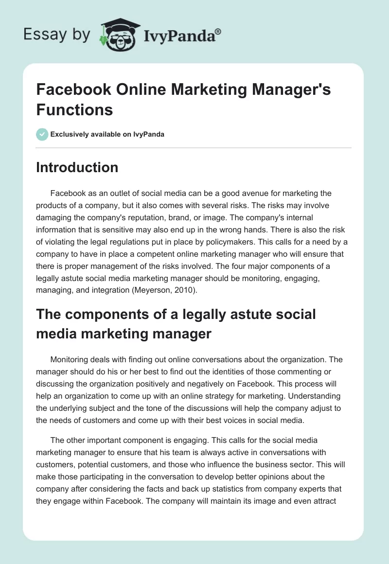 Facebook Online Marketing Manager's Functions. Page 1