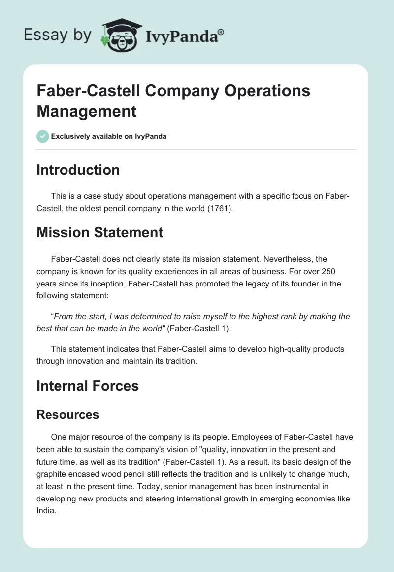 Faber-Castell Company Operations Management. Page 1