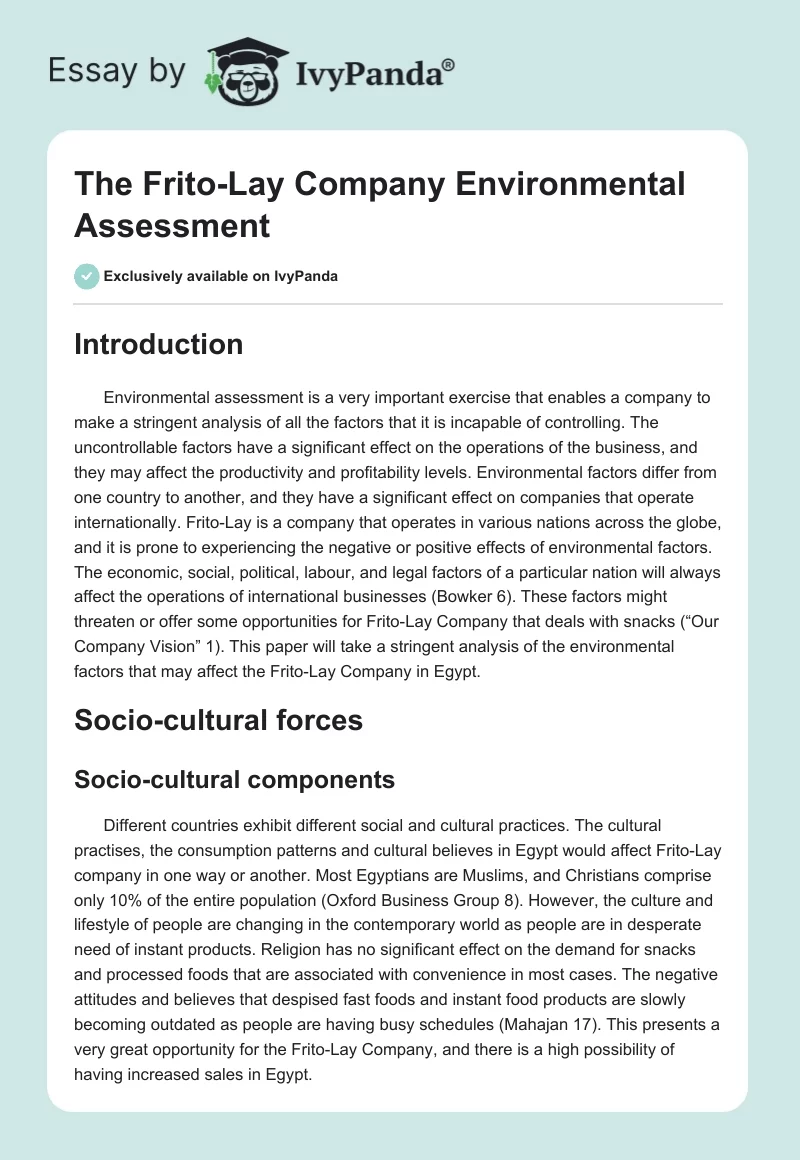 The Frito-Lay Company Environmental Assessment. Page 1