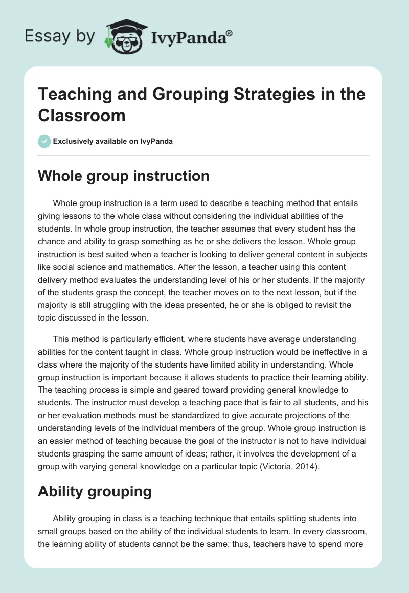 Teaching and Grouping Strategies in the Classroom. Page 1