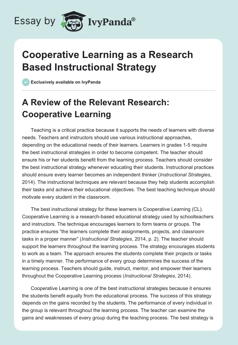 Cooperative Learning as a Research Based Instructional Strategy. Page 1