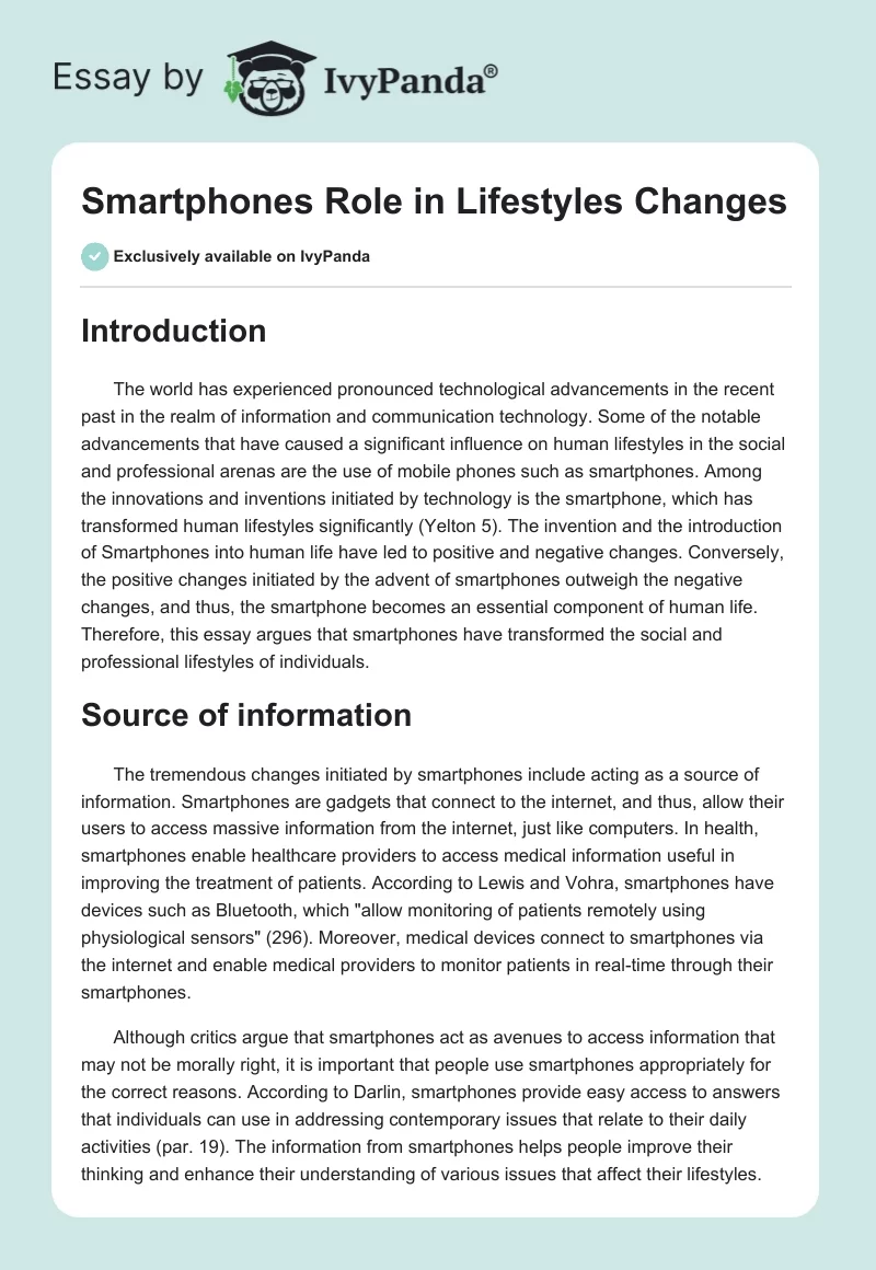 Smartphones Role in Lifestyles Changes. Page 1