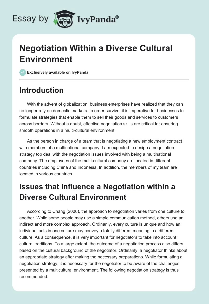 Negotiation Within a Diverse Cultural Environment. Page 1