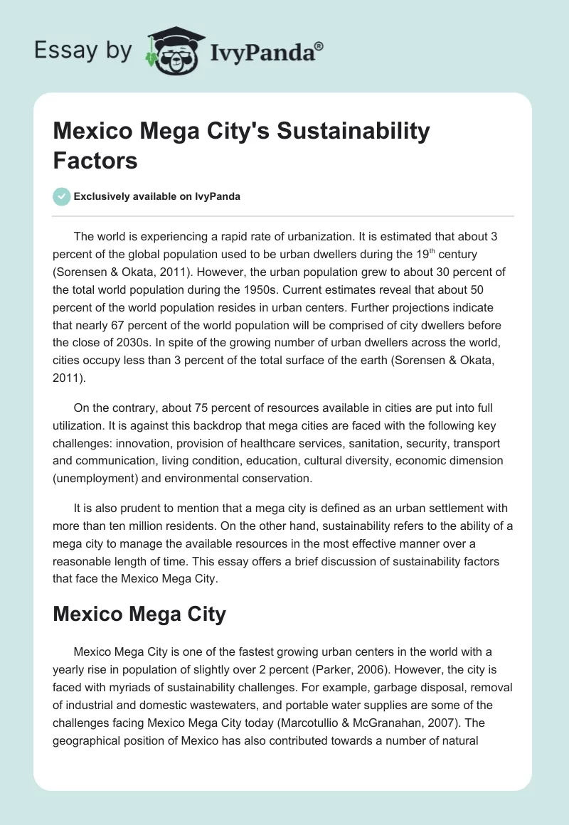 Mexico Mega City's Sustainability Factors. Page 1