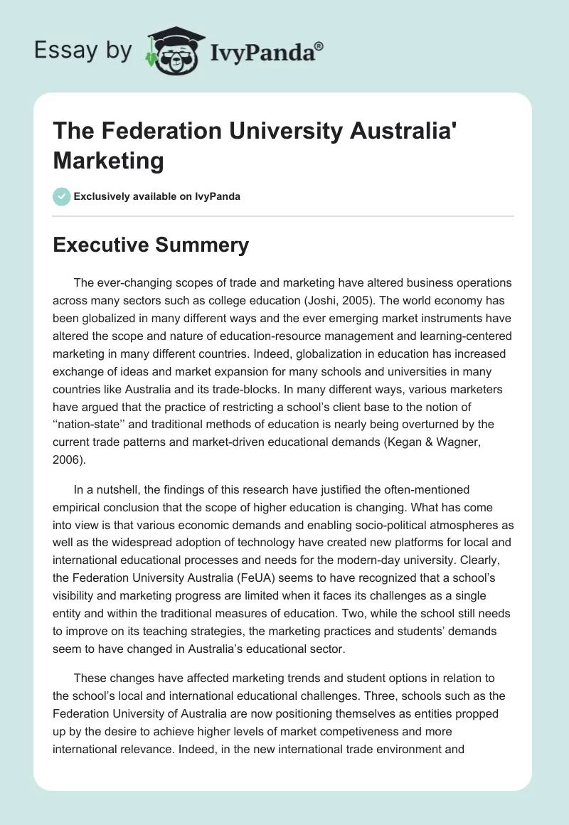The Federation University Australia' Marketing. Page 1