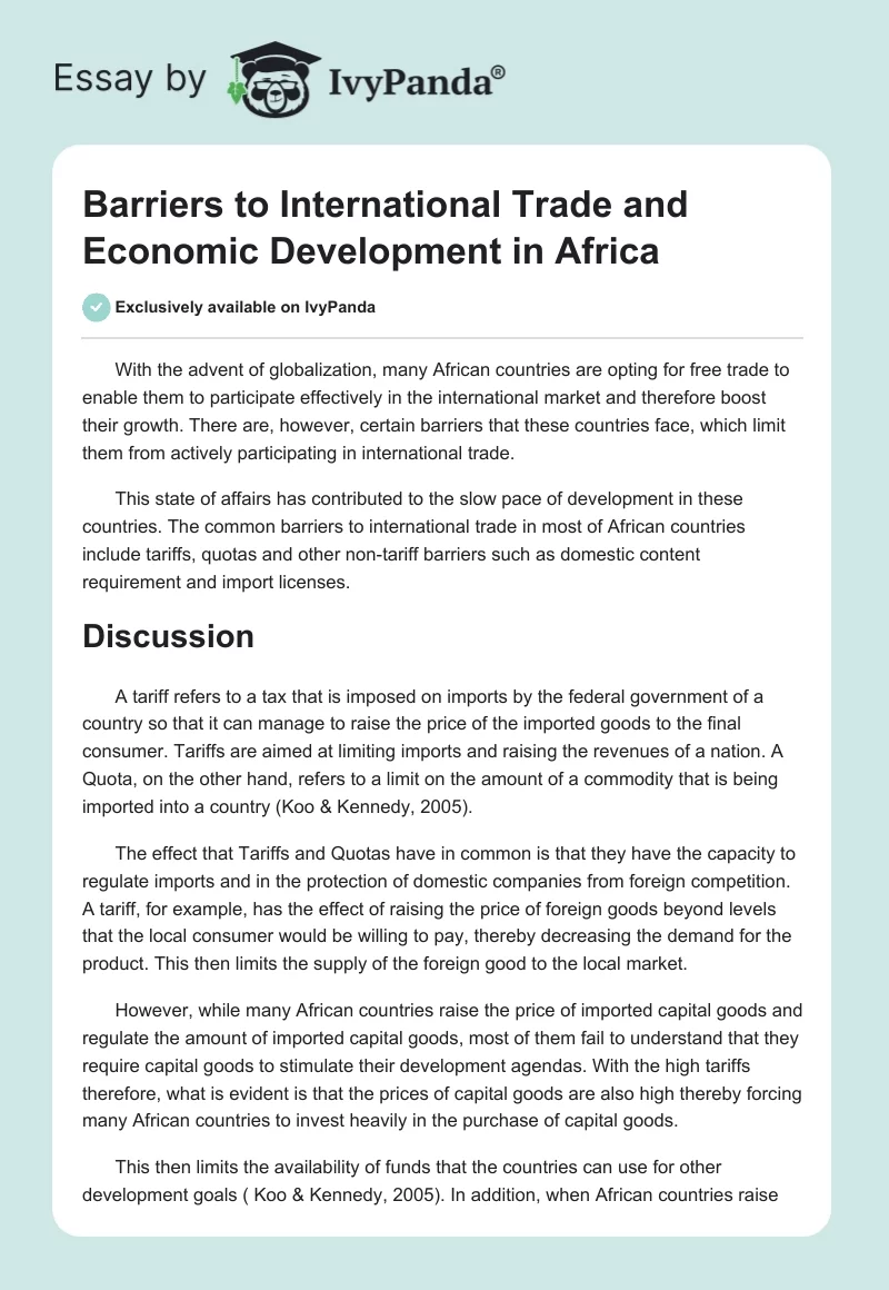 Barriers to International Trade and Economic Development in Africa. Page 1