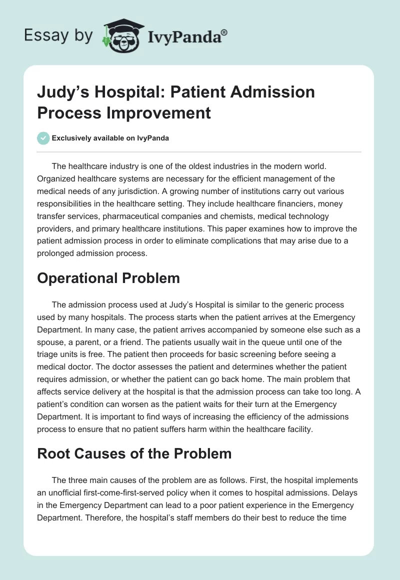 Judy’s Hospital: Patient Admission Process Improvement. Page 1
