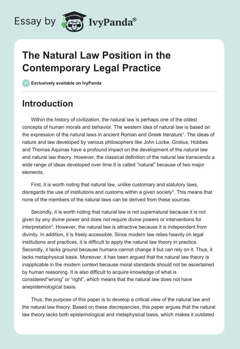 The Natural Law Position in the Contemporary Legal Practice. Page 1