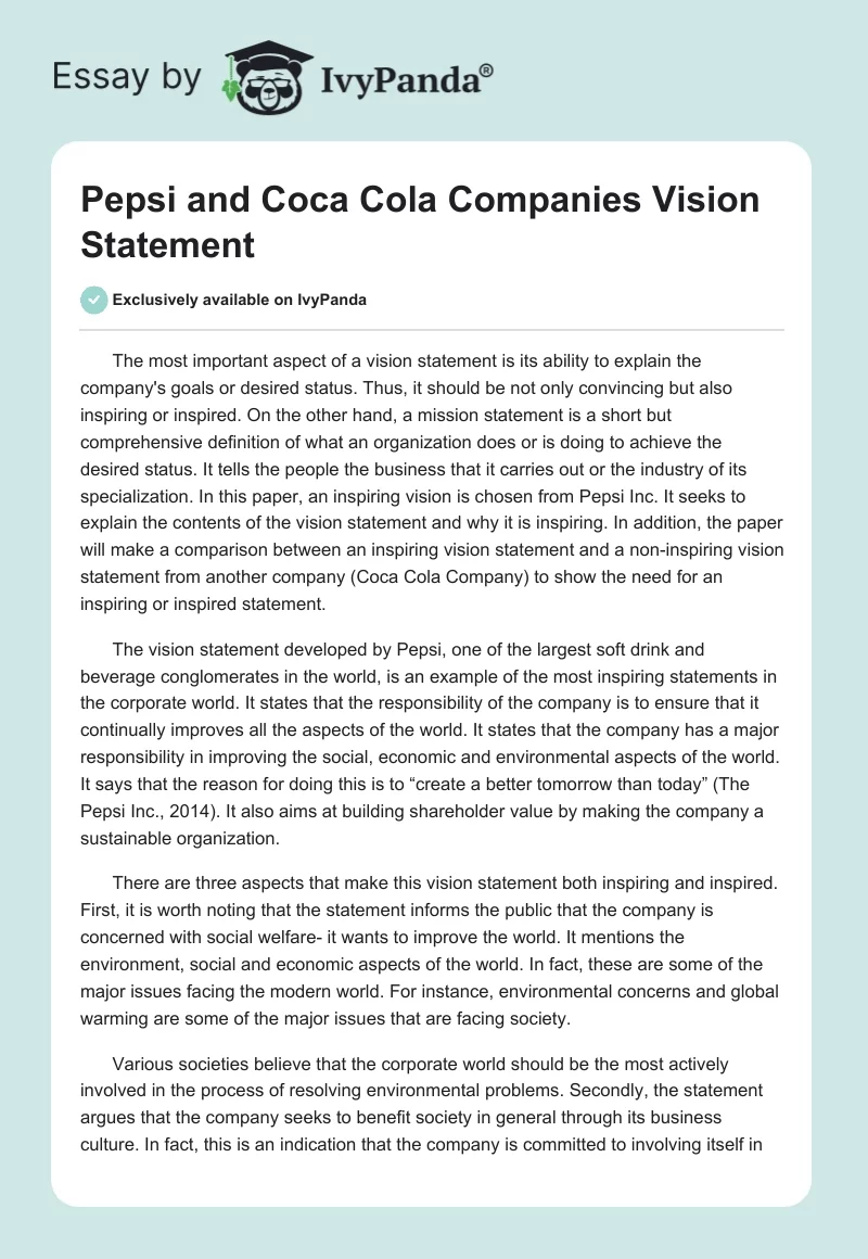 Pepsi and Coca Cola Companies Vision Statement. Page 1