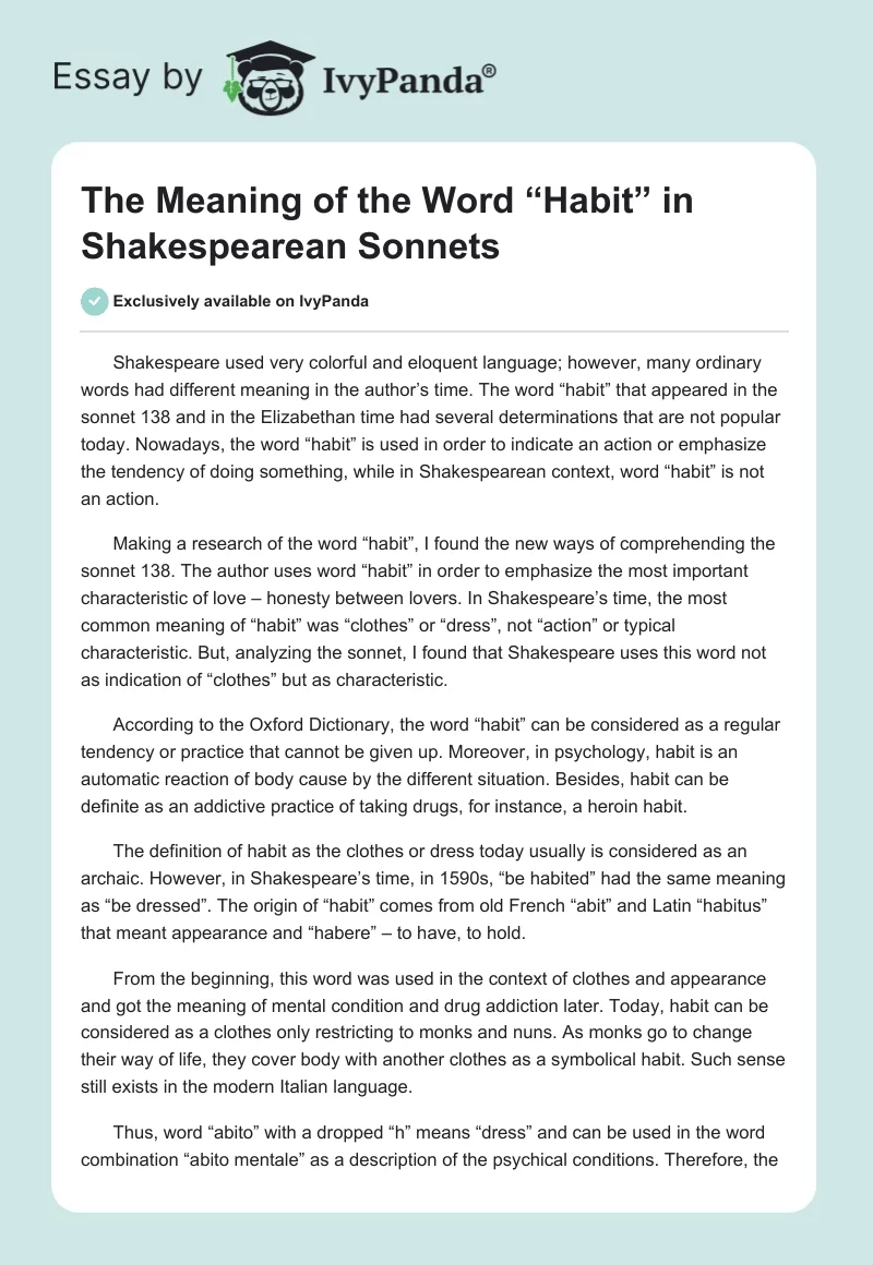 The Meaning of the Word “Habit” in Shakespearean Sonnets. Page 1