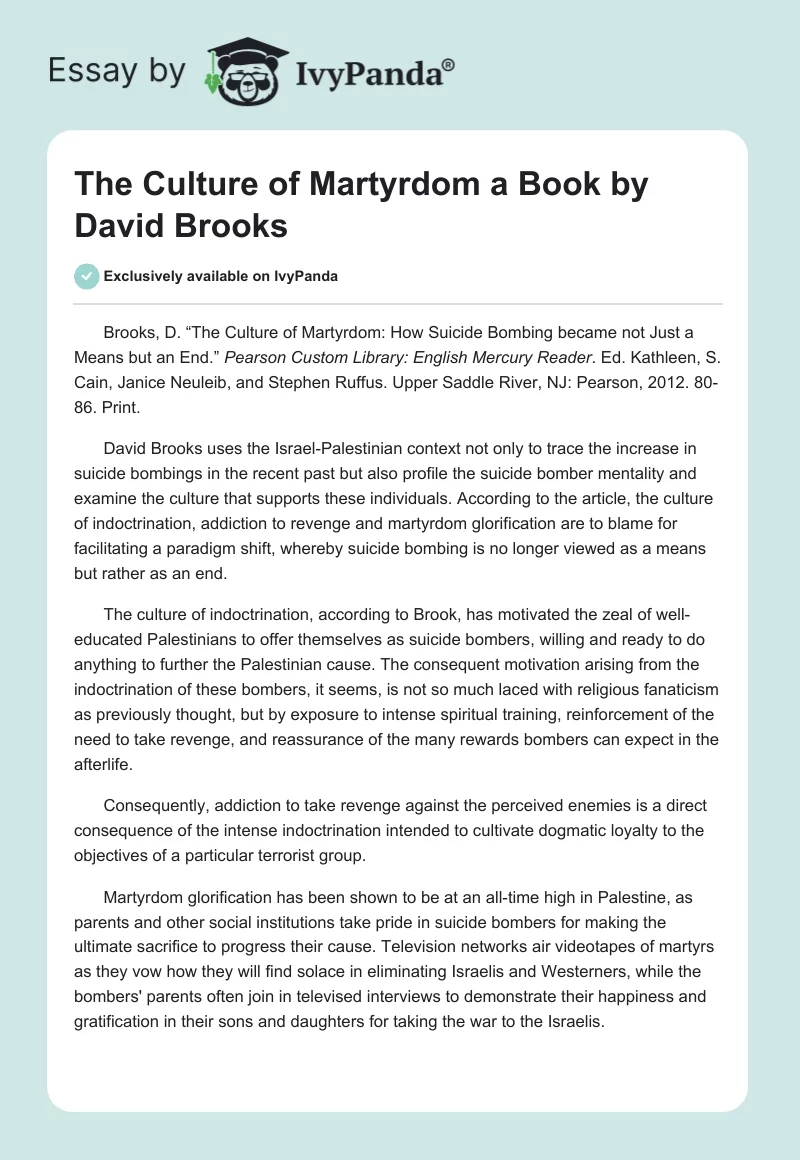 "The Culture of Martyrdom" a Book by David Brooks. Page 1