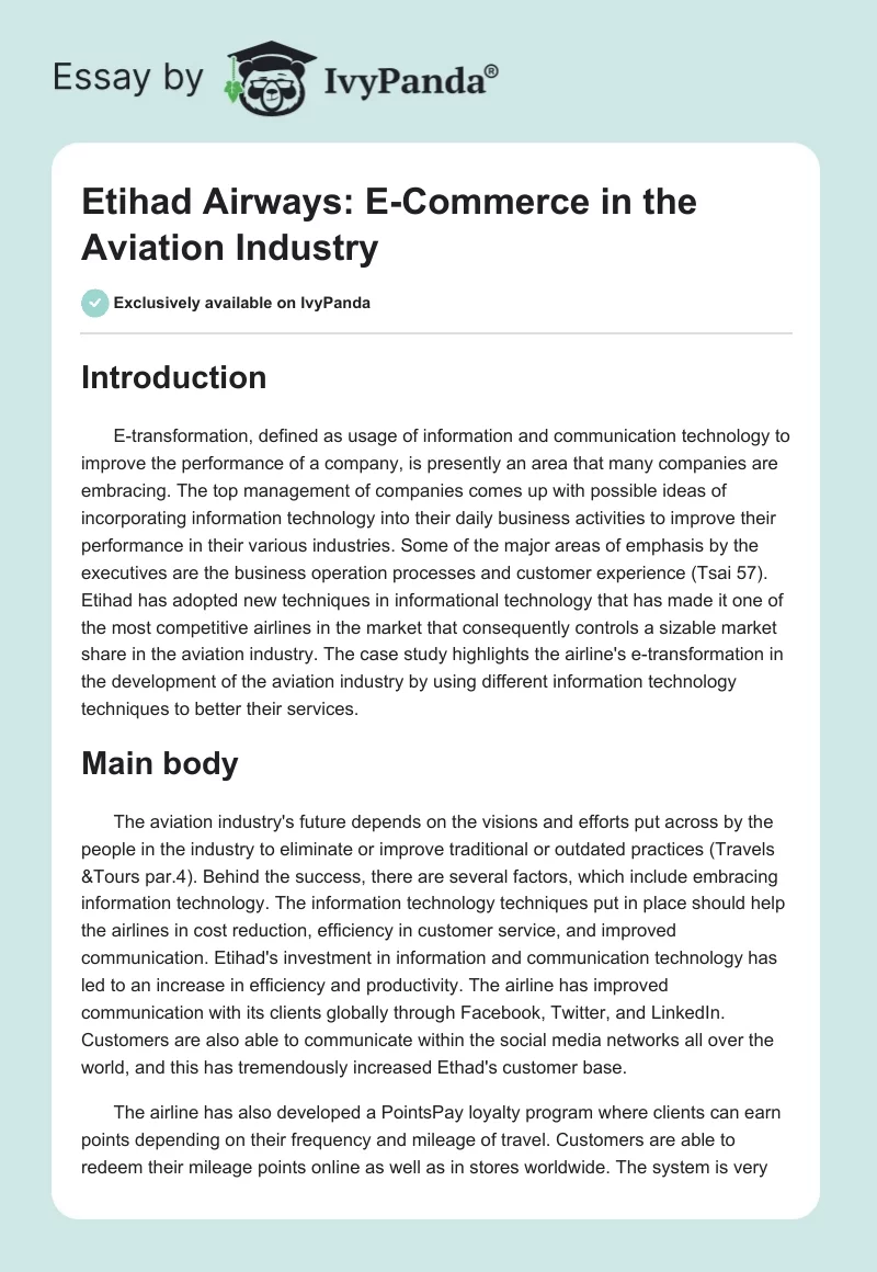 Etihad Airways: E-Commerce in the Aviation Industry. Page 1