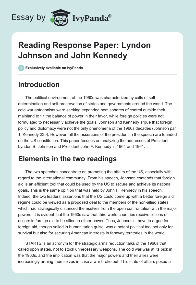Reading Response Paper: Lyndon Johnson and John Kennedy. Page 1