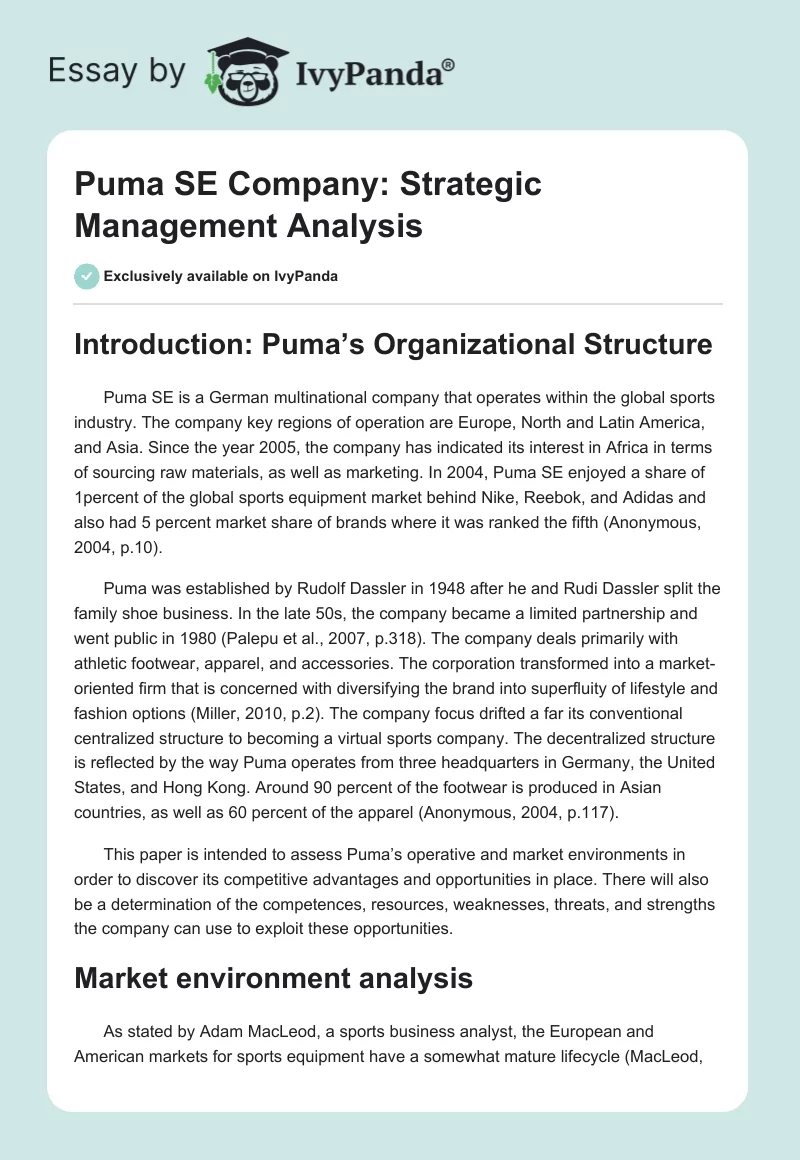 Puma SE Company: Strategic Management Analysis. Page 1