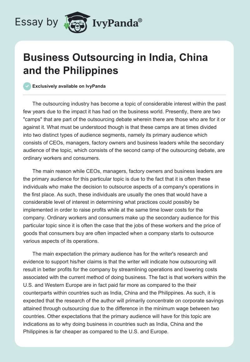 Business Outsourcing in India, China and the Philippines. Page 1