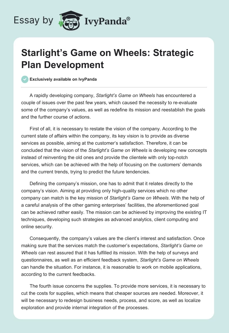 Starlight’s Game on Wheels: Strategic Plan Development. Page 1