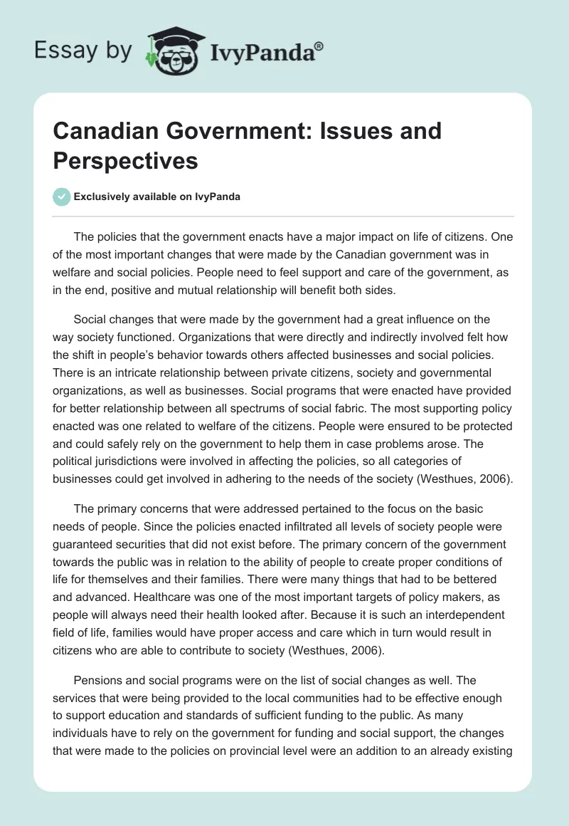 Canadian Government: Issues and Perspectives. Page 1