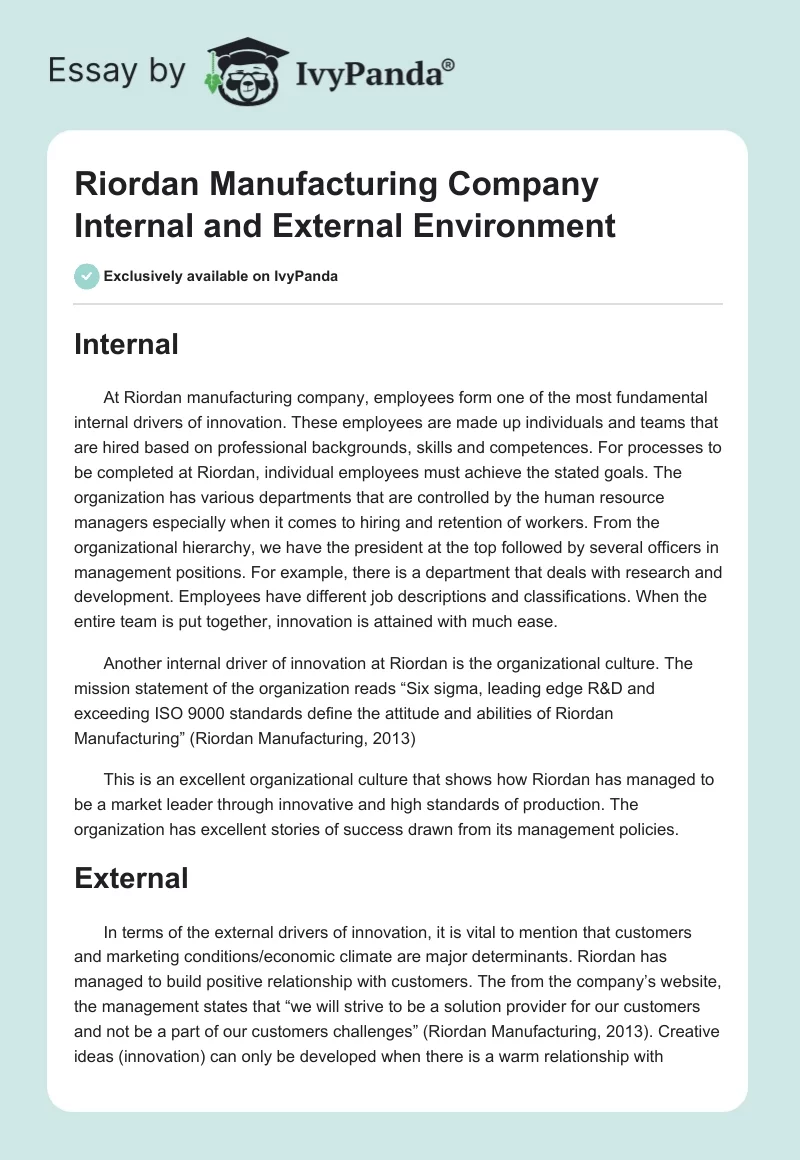 Riordan Manufacturing Company Internal and External Environment. Page 1