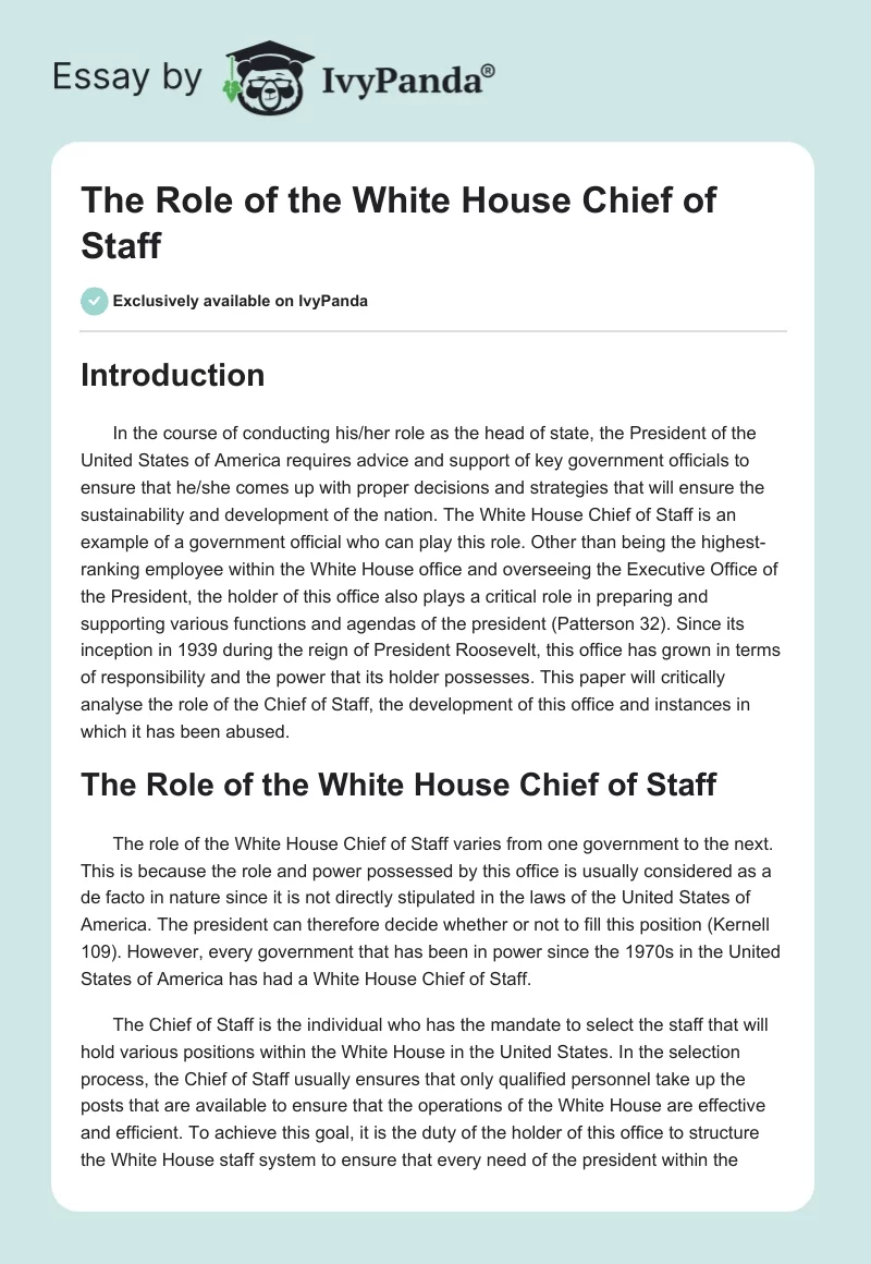 The Role of the White House Chief of Staff. Page 1