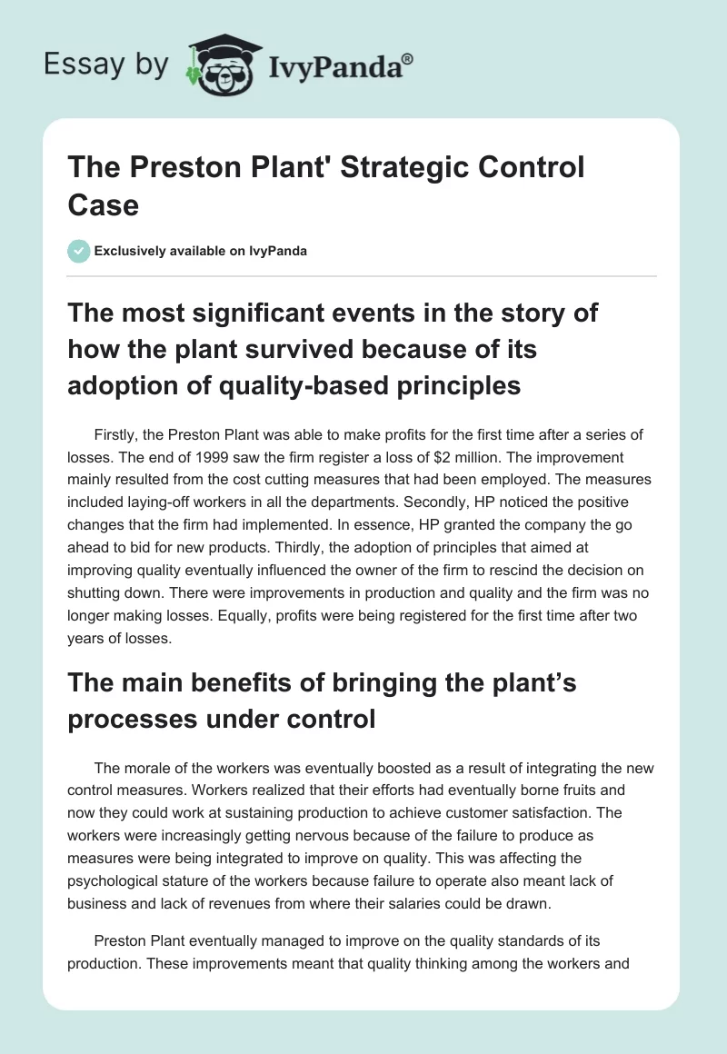 The Preston Plant' Strategic Control Case. Page 1