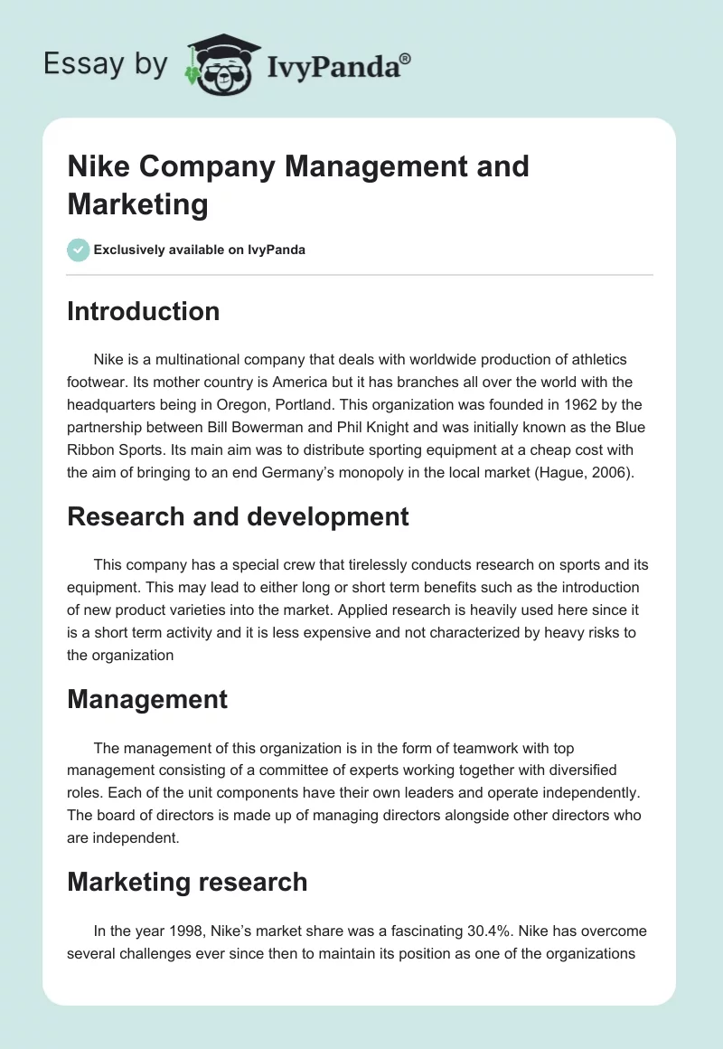 Nike Company Management and Marketing. Page 1