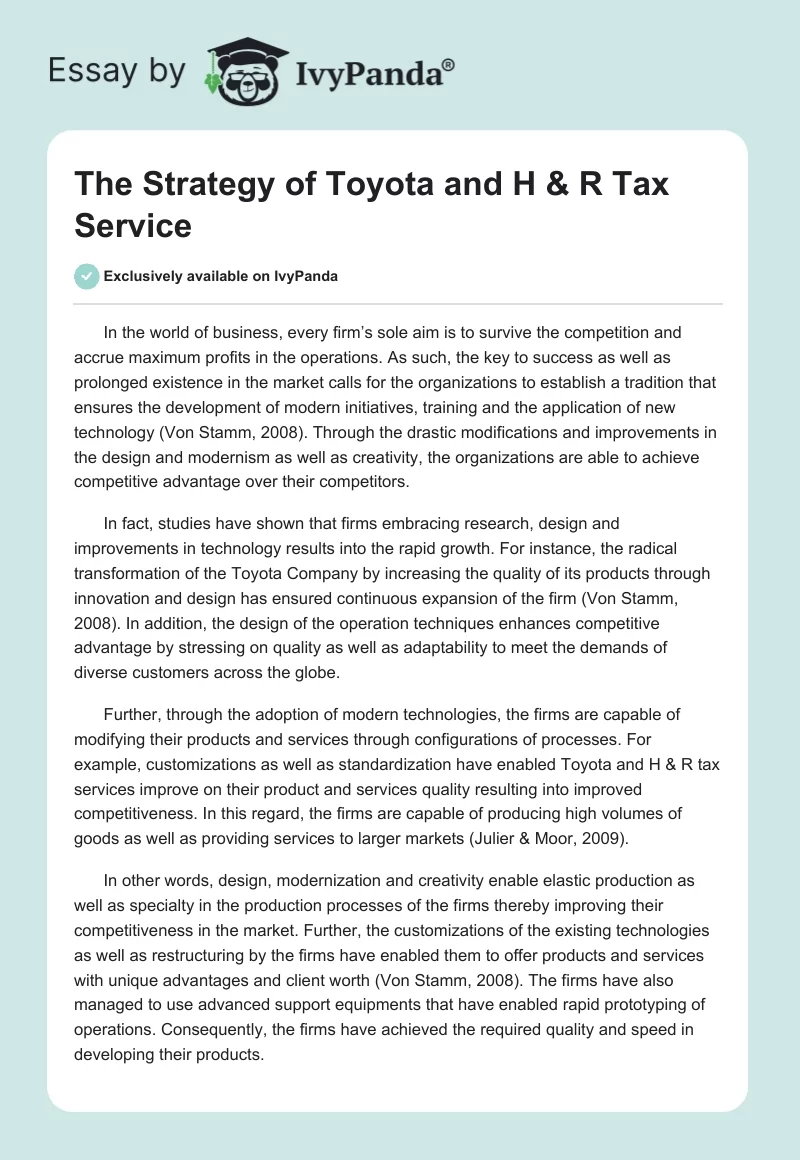 The Strategy of Toyota and H&R Tax Service. Page 1