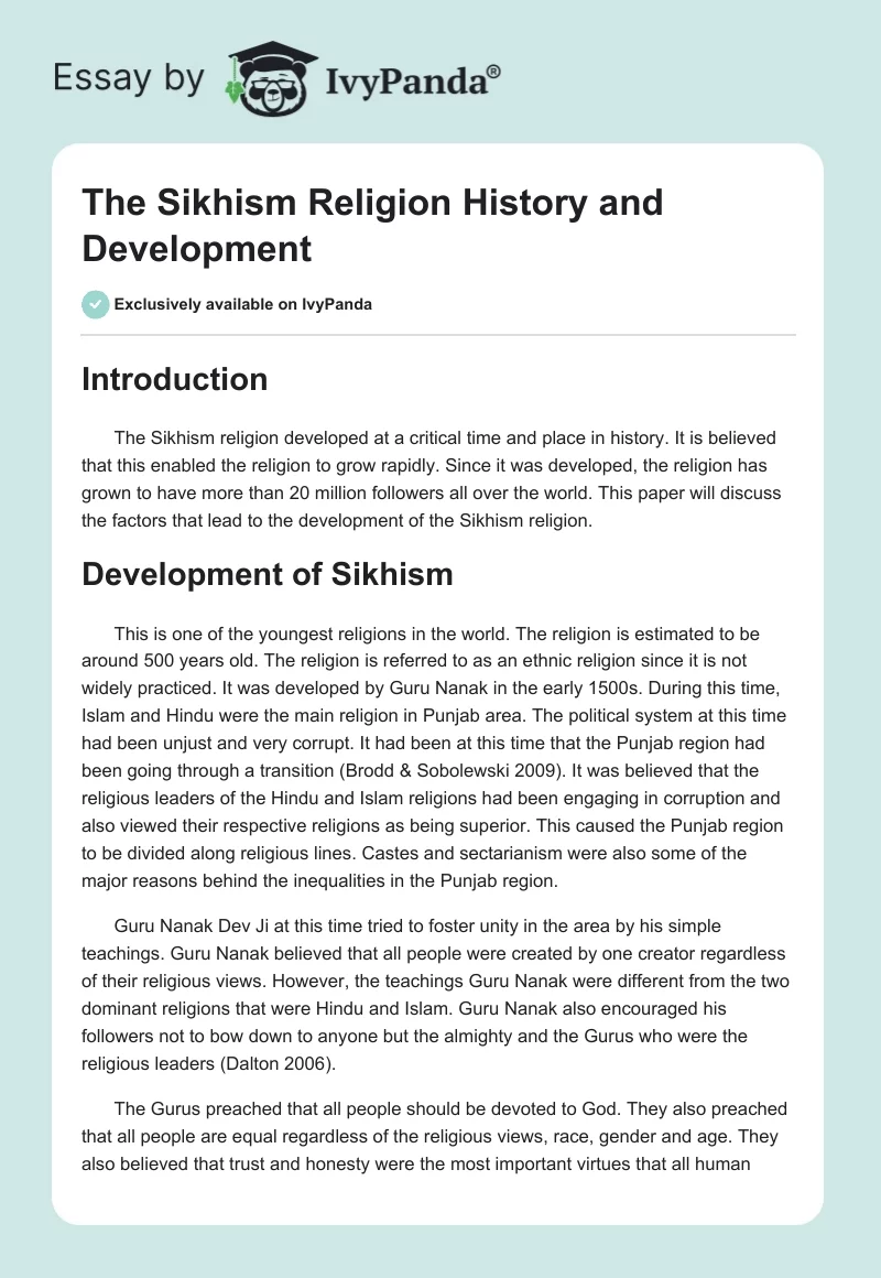The Sikhism Religion History and Development. Page 1
