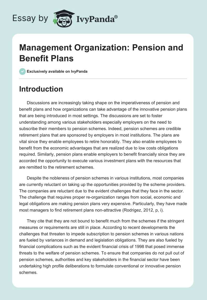 Management Organization: Pension and Benefit Plans. Page 1