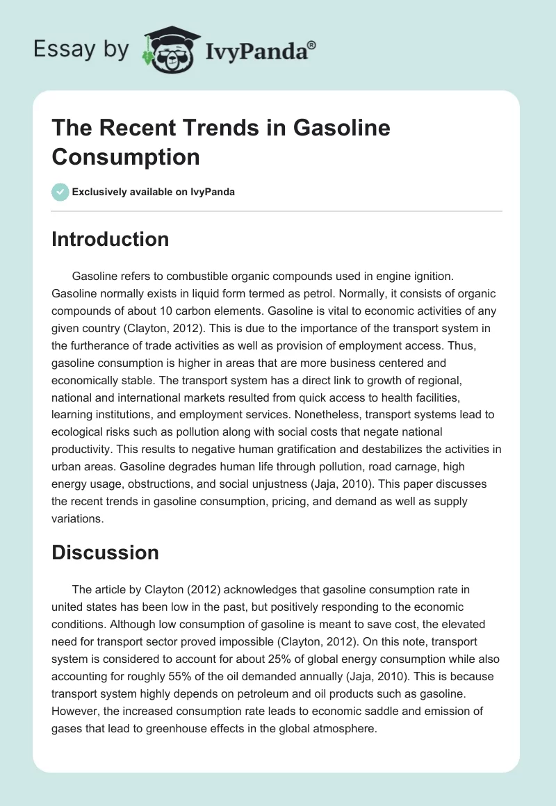 The Recent Trends in Gasoline Consumption. Page 1