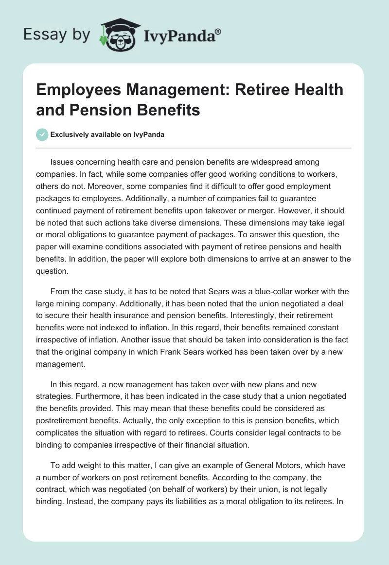 Employees Management: Retiree Health and Pension Benefits. Page 1
