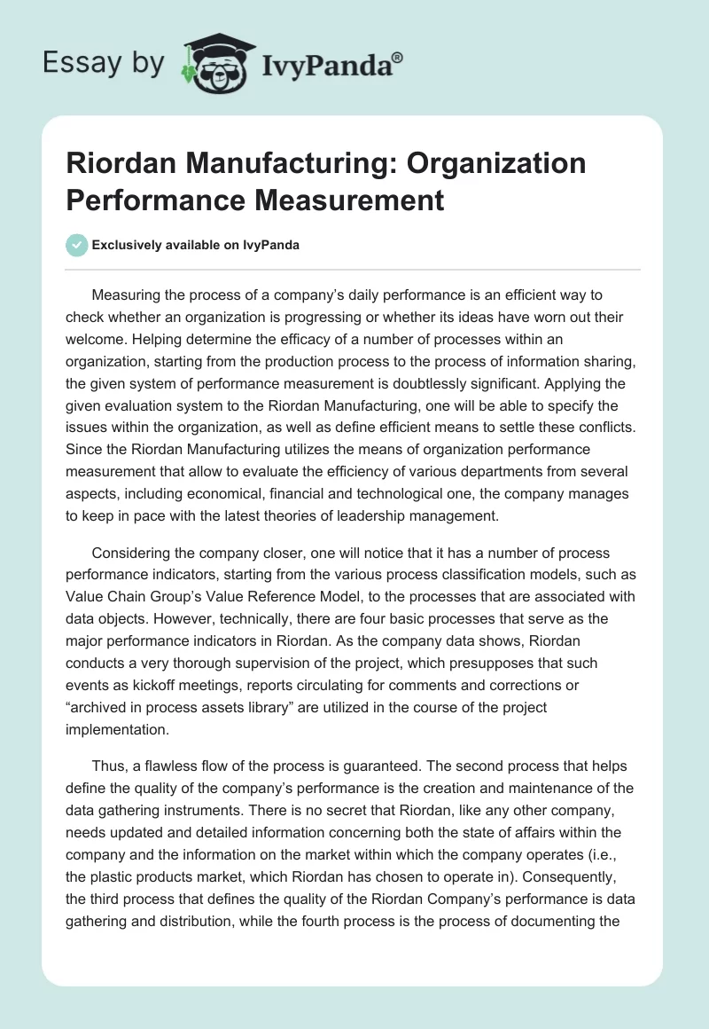 Riordan Manufacturing: Organization Performance Measurement. Page 1