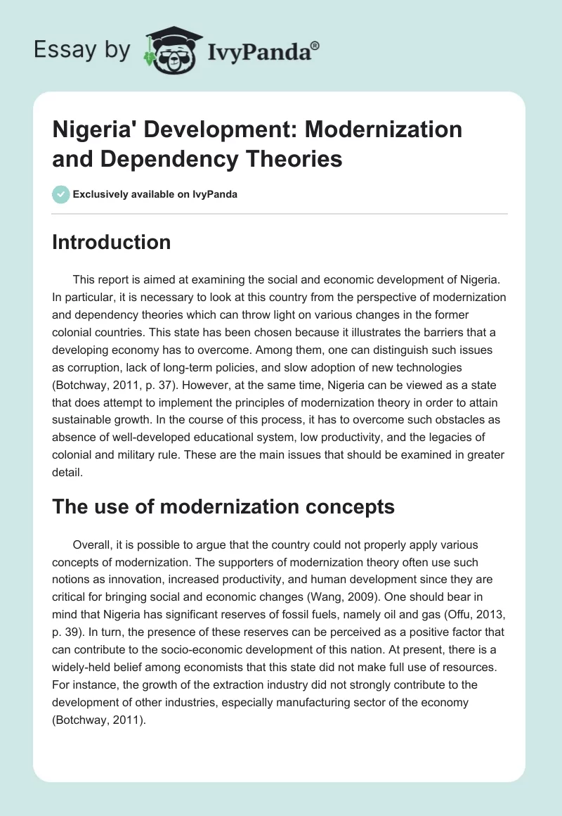 Nigeria' Development: Modernization and Dependency Theories. Page 1
