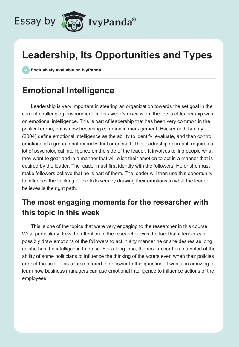 Leadership, Its Opportunities and Types. Page 1