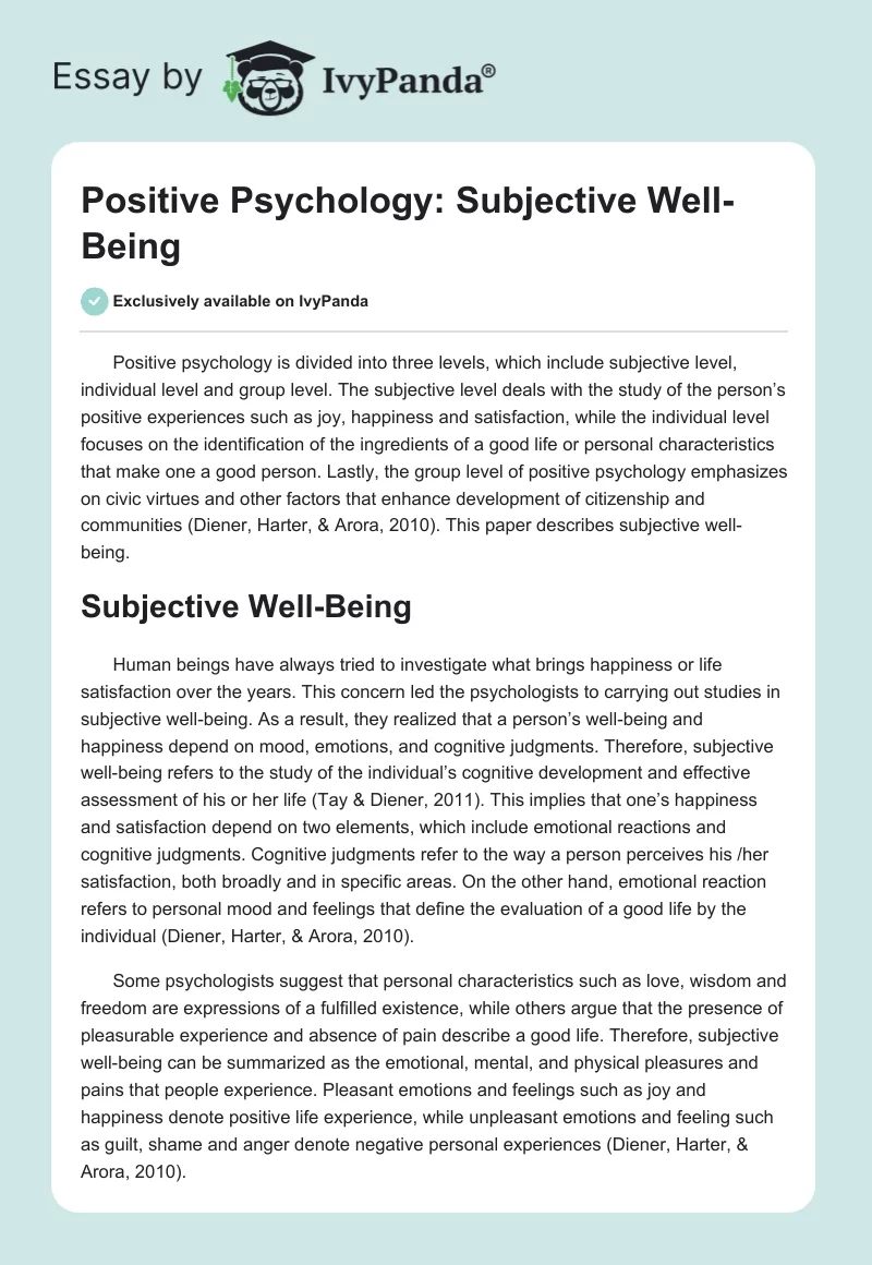 Positive Psychology: Subjective Well-Being. Page 1