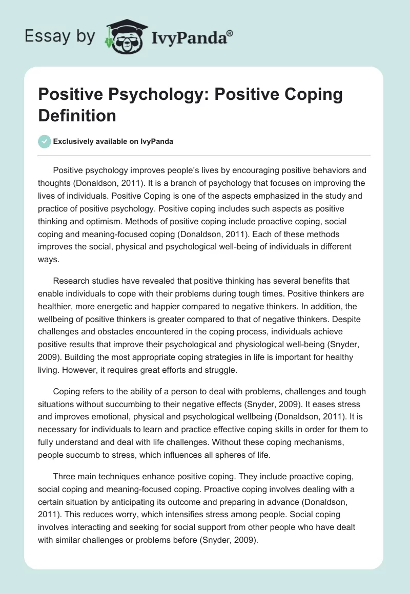 Positive Psychology: Positive Coping Definition. Page 1