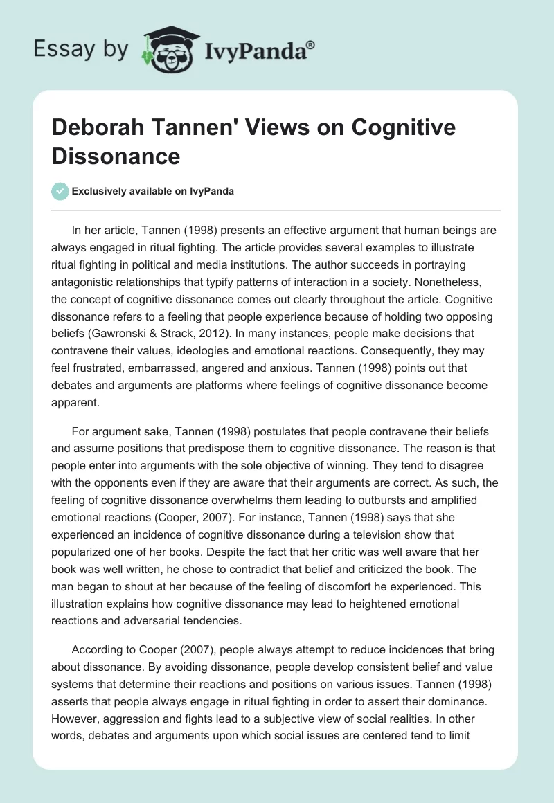 Deborah Tannen' Views on Cognitive Dissonance. Page 1