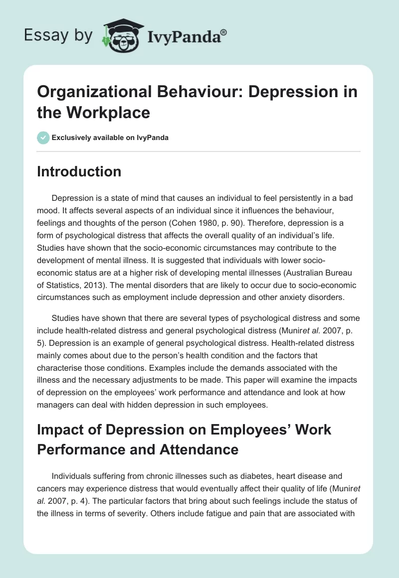 Organizational Behaviour: Depression in the Workplace. Page 1