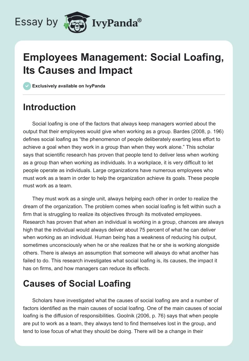 Employees Management: Social Loafing, Its Causes and Impact. Page 1