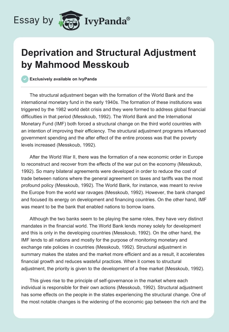 "Deprivation and Structural Adjustment" by Mahmood Messkoub. Page 1