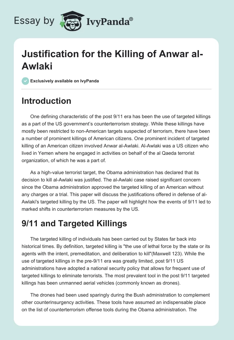 Justification for the Killing of Anwar al-Awlaki. Page 1
