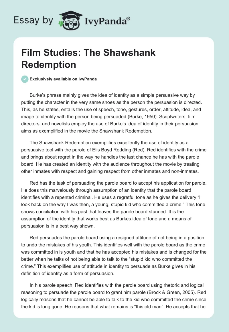 Film Studies: "The Shawshank Redemption". Page 1