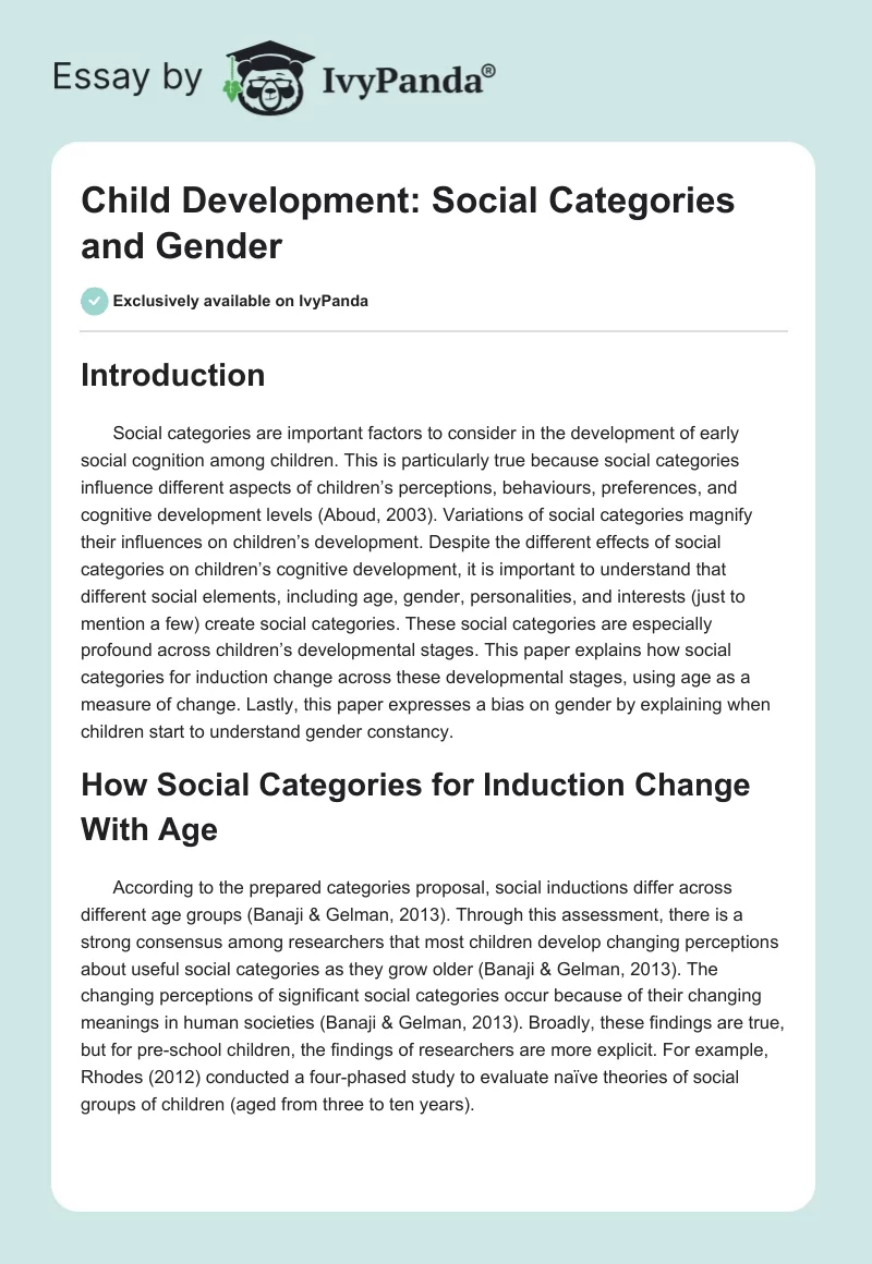 Child Development: Social Categories and Gender. Page 1