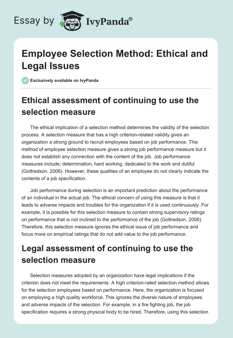 Employee Selection Method: Ethical and Legal Issues. Page 1