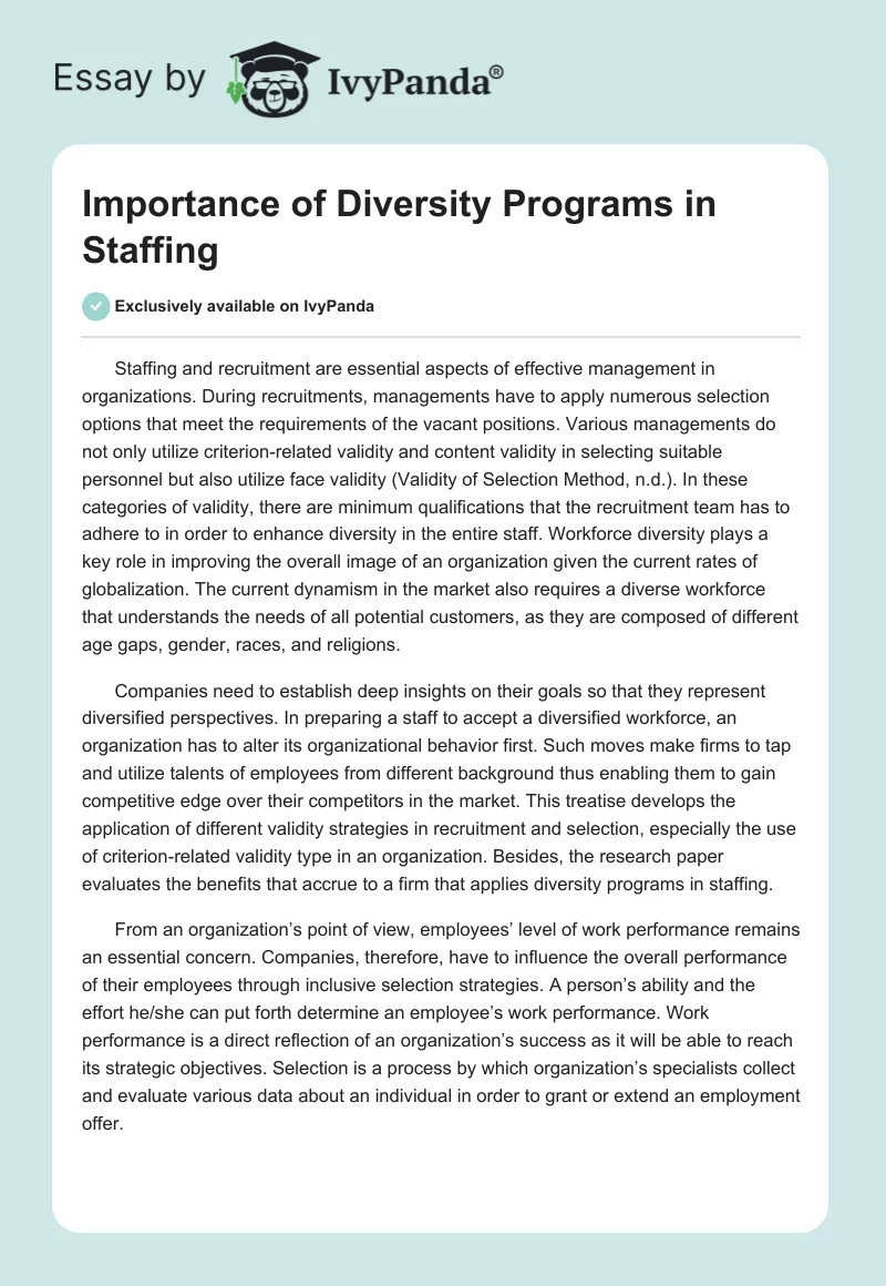 Importance of Diversity Programs in Staffing. Page 1