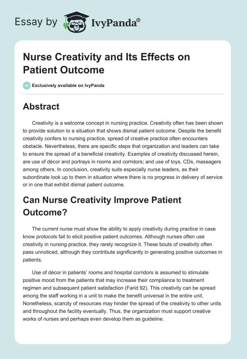 Nurse Creativity and Its Effects on Patient Outcome. Page 1
