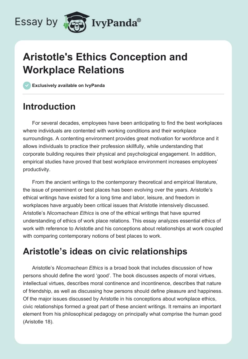 Aristotle's Ethics Conception and Workplace Relations. Page 1