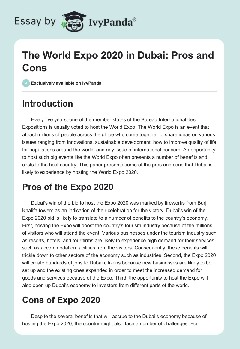 The World Expo 2020 in Dubai: Pros and Cons. Page 1