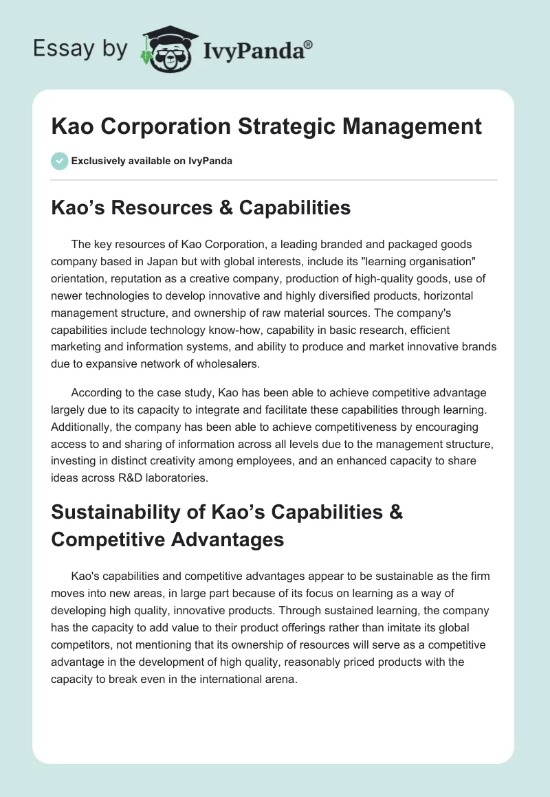 Kao Corporation Strategic Management. Page 1