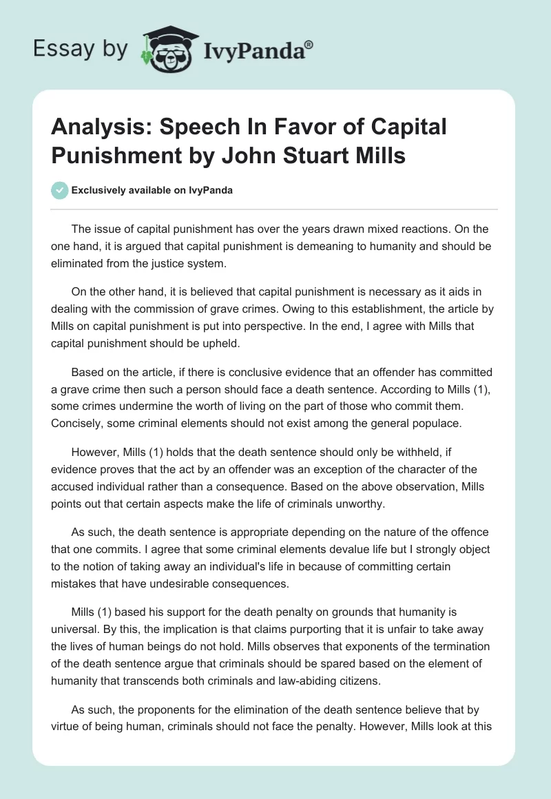 Analysis: Speech In Favor of Capital Punishment by John Stuart Mills. Page 1